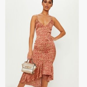 Red Leopard Print Frill Hem Midi Dress